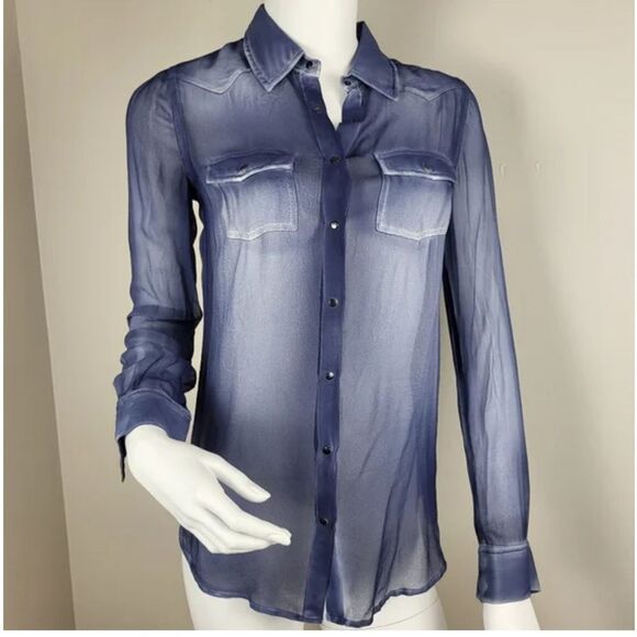 Y2K Equipment Blue White Faded Denim Look Wash Semi sheer Snap Western blouse S - Picture 1 of 15